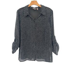 Chicos 2 Easywear Womens textured Black White Polka Dot Blouse Size large sheer